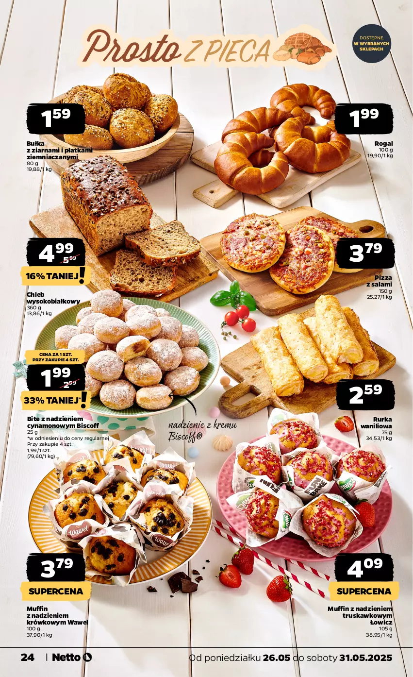 Gazetka promocyjna Netto - Od Poniedziałku - ważna 26.05 do 31.05.2025 - strona 24 - produkty: Bułka, Chleb, Pizza, Rogal, Salami, Sok, Wawel