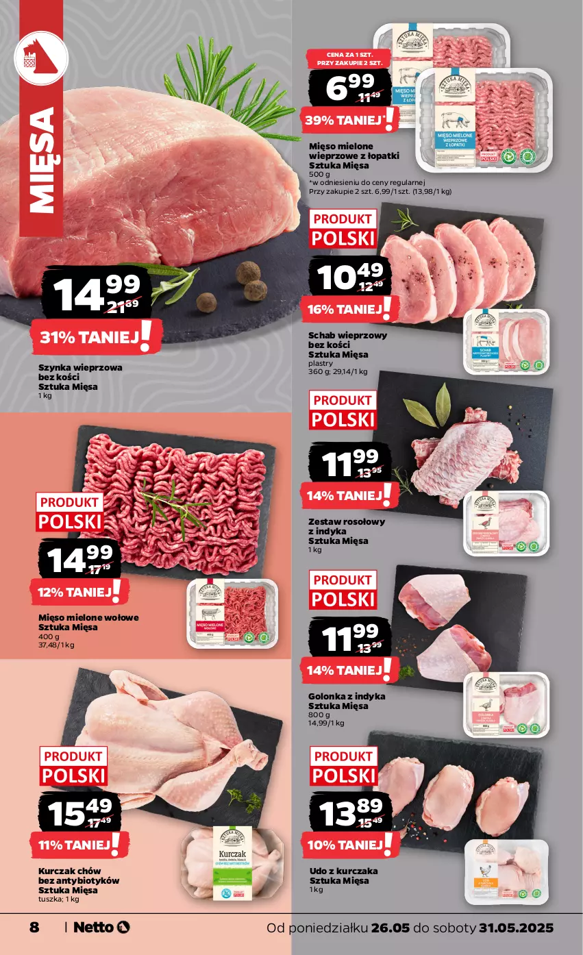Gazetka promocyjna Netto - Od Poniedziałku - ważna 26.05 do 31.05.2025 - strona 8 - produkty: Golonka z indyka, Kurczak, Mięso, Mięso mielone, Schab wieprzowy, Szynka, Szynka wieprzowa, Tusz, Udo z kurczaka