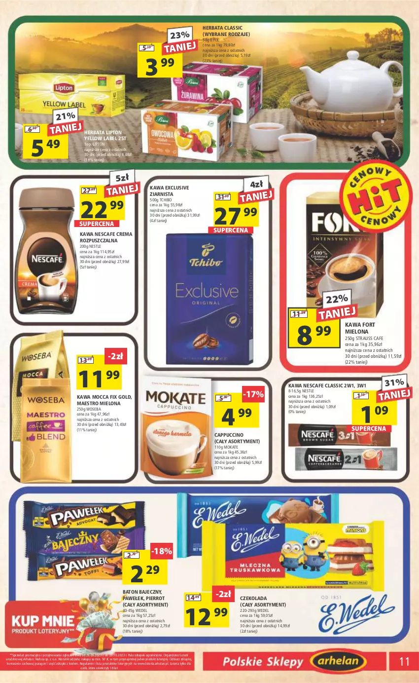 Gazetka promocyjna Arhelan - Gazetka - ważna 20.10 do 31.10.2023 - strona 11 - produkty: Baton, Cappuccino, Czekolada, Gra, Herbata, Kawa, Lipton, Mocca Fix Gold, Tchibo, Woseba