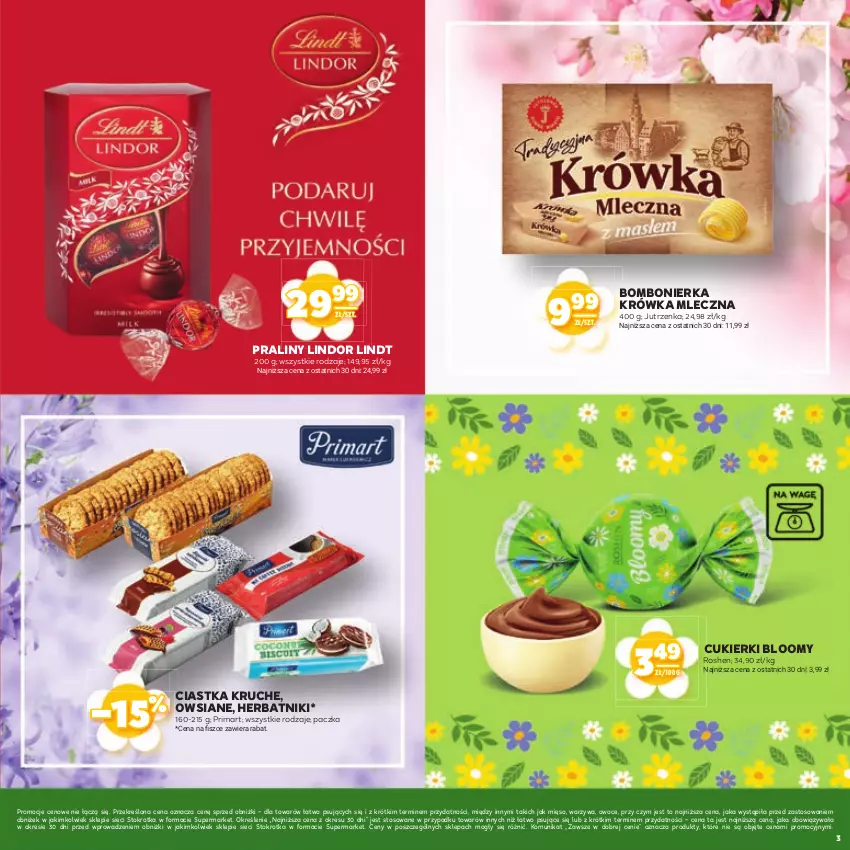 Gazetka promocyjna Stokrotka - Wiosenne inspiracje - ważna 20.03 do 02.04.2025 - strona 3 - produkty: Ciastka, Cukier, Cukierki, Herbatniki, Jutrzenka, Lindor, Lindt, Mięso, Owoce, Praliny, Prima, Warzywa