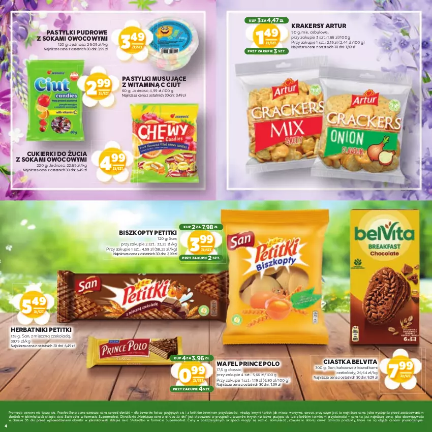 Gazetka promocyjna Stokrotka - Wiosenne inspiracje - ważna 20.03 do 02.04.2025 - strona 4 - produkty: Artur, BelVita, Biszkopty, Ciastka, Cukier, Cukierki, Herbatniki, Kakao, Kawa, Krakersy, Mięso, Mus, Owoce, Pastylki, Prince Polo, Sok, Warzywa