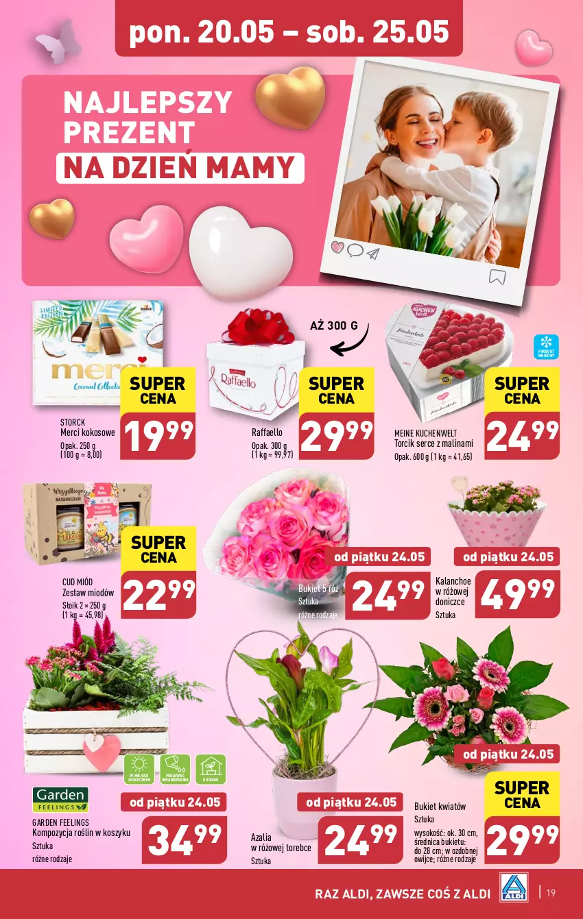 Gazetka promocyjna Aldi - Pełna oferta - ważna 20.05 do 25.05.2024 - strona 19 - produkty: Bukiet, Fa, Kalanchoe, Kokos, Kosz, Merci, Miód, Raffaello, Ser, Sok