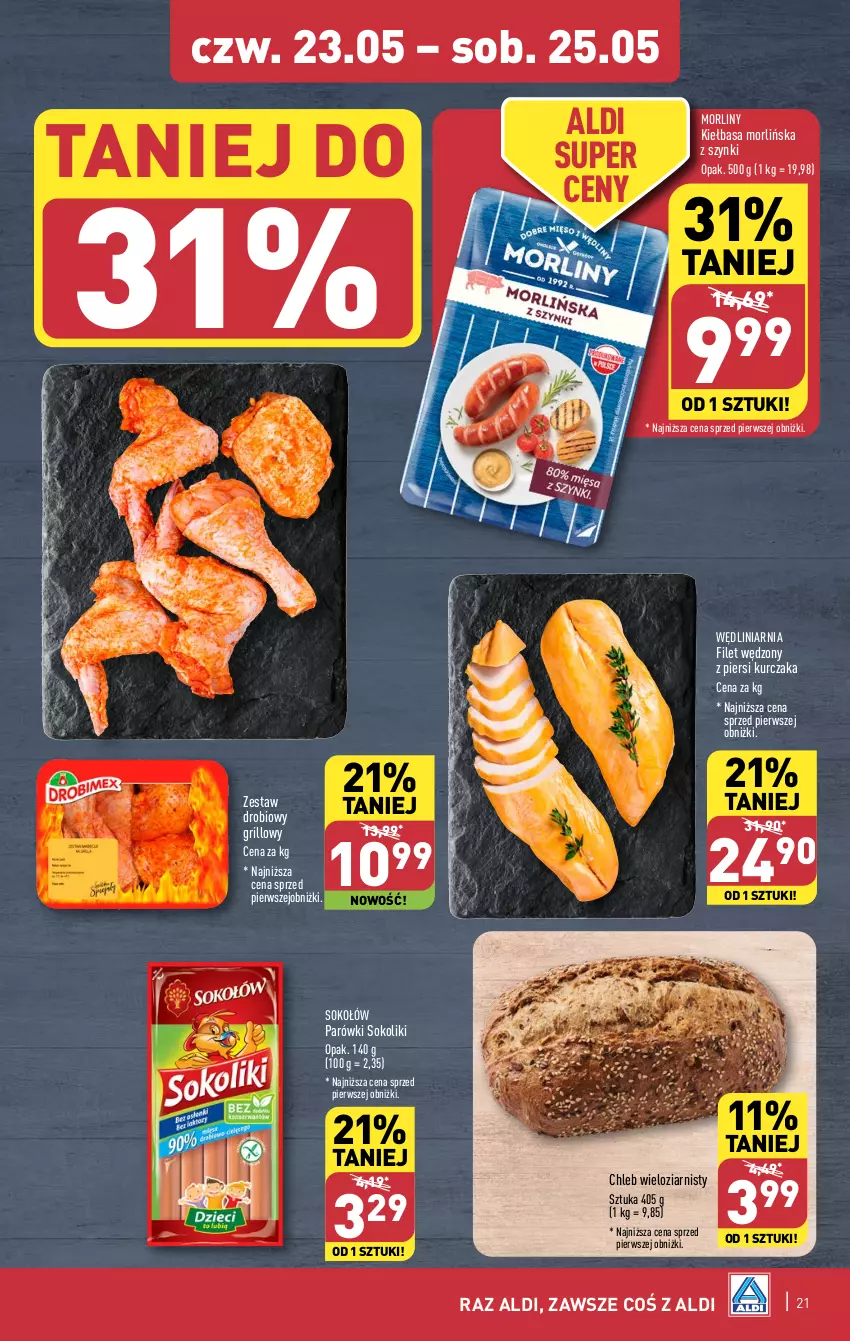 Gazetka promocyjna Aldi - Pełna oferta - ważna 20.05 do 25.05.2024 - strona 21 - produkty: Chleb, Chleb wieloziarnisty, Grill, Kiełbasa, Kurczak, Morliny, Parówki, Parówki sokoliki, Sok, Sokołów