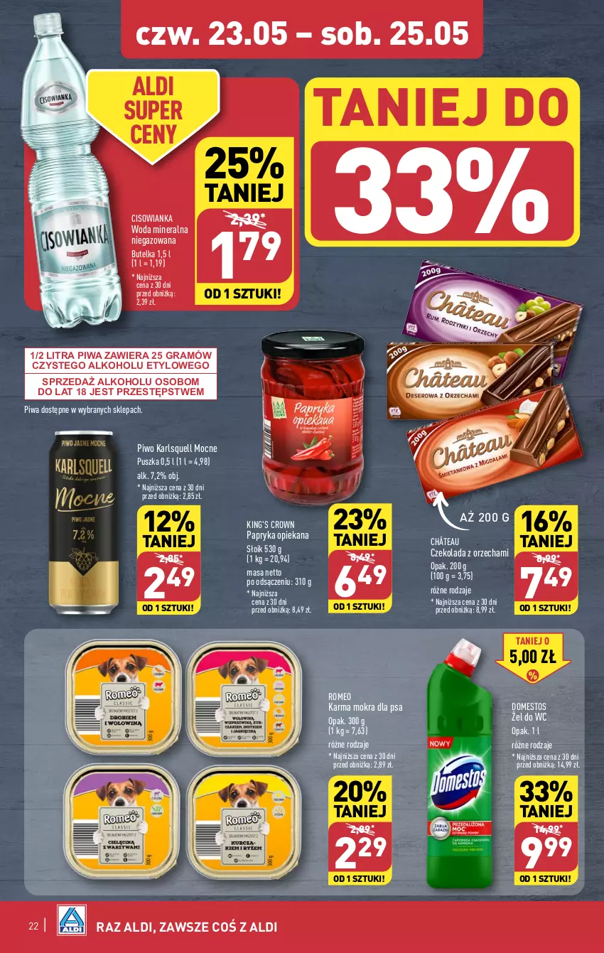 Gazetka promocyjna Aldi - Pełna oferta - ważna 20.05 do 25.05.2024 - strona 22 - produkty: Cisowianka, Czekolada, Domestos, Gra, Karlsquell, Papryka, Piwa, Piwo, Woda, Woda mineralna