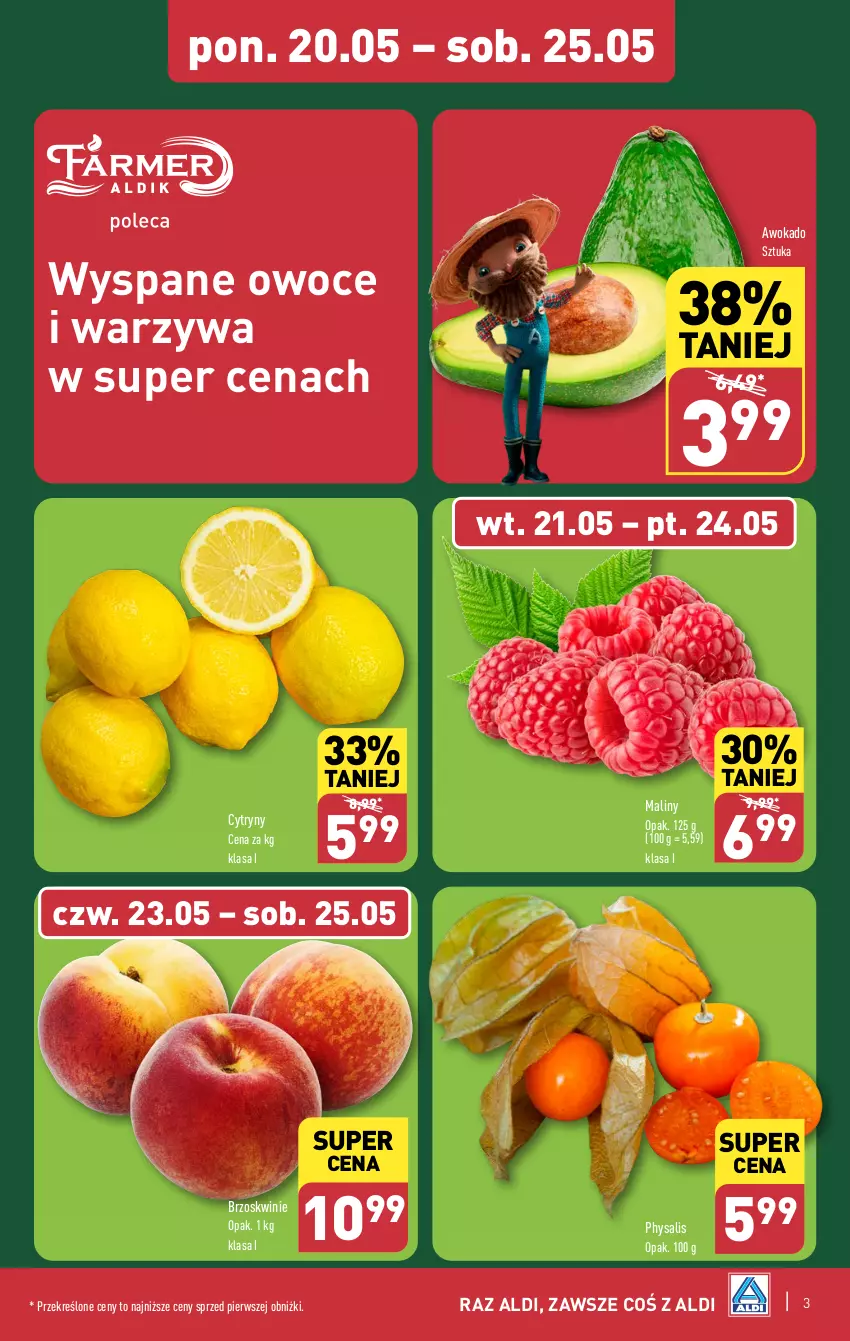 Gazetka promocyjna Aldi - Pełna oferta - ważna 20.05 do 25.05.2024 - strona 3 - produkty: Brzoskwinie, Cytryny, Maliny, Owoce, Warzywa