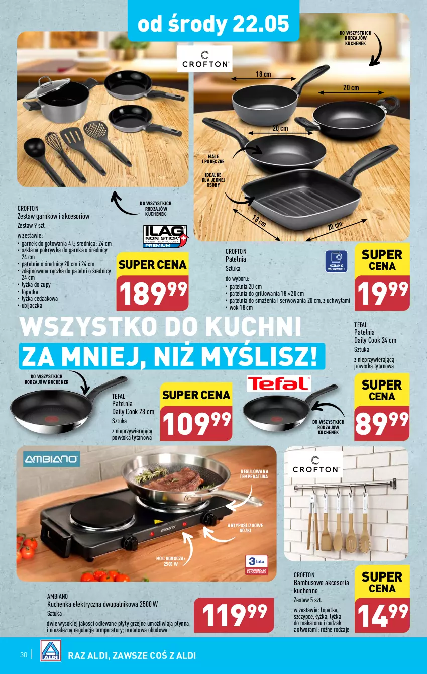 Gazetka promocyjna Aldi - Pełna oferta - ważna 20.05 do 25.05.2024 - strona 30 - produkty: Cedzak, Fa, Garnek, Grill, LANA, Makaron, Patelnia, Płyty grzejne, Por, Ser, Sok, Szczypce, Tefal, Tytan