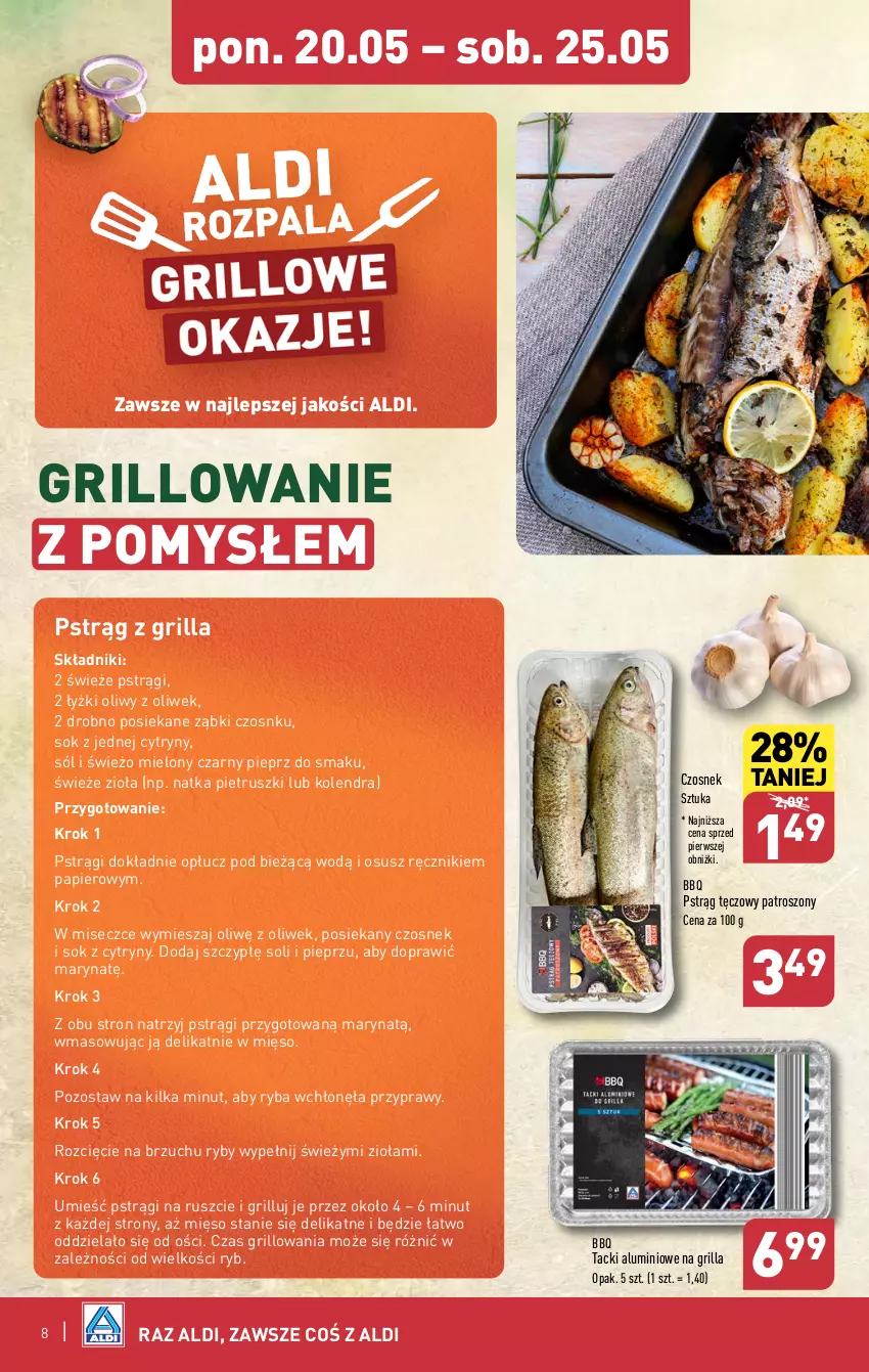 Gazetka promocyjna Aldi - Pełna oferta - ważna 20.05 do 25.05.2024 - strona 8 - produkty: Cytryny, Czosnek, Fa, Grill, Kolendra, Mięso, Natka pietruszki, Papier, Pieprz, Przyprawy, Pstrąg, Pstrąg tęczowy, Ręcznik, Ryba, Sok, Sól