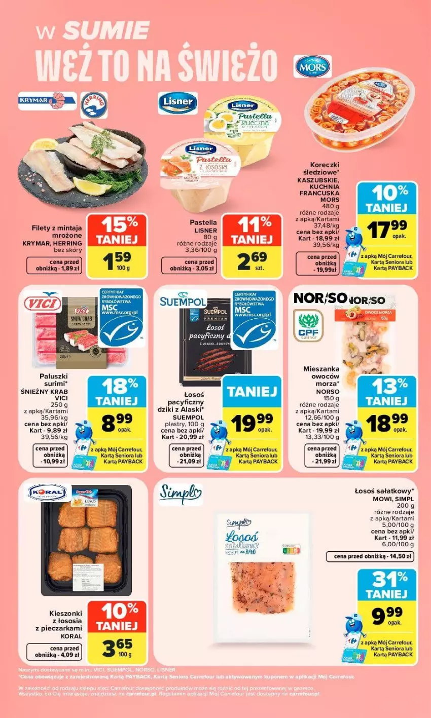 Gazetka promocyjna Carrefour - Gazetka Carrefour, Market w SUMIE weź to na świeżo - ważna 21.09 do 26.09.2026 - strona 9 - produkty: Koreczki śledziowe, Kuchnia, Lisner, Mintaj, Pastella, Piec, Pieczarka, Sałat, Sos, Suempol, Surimi