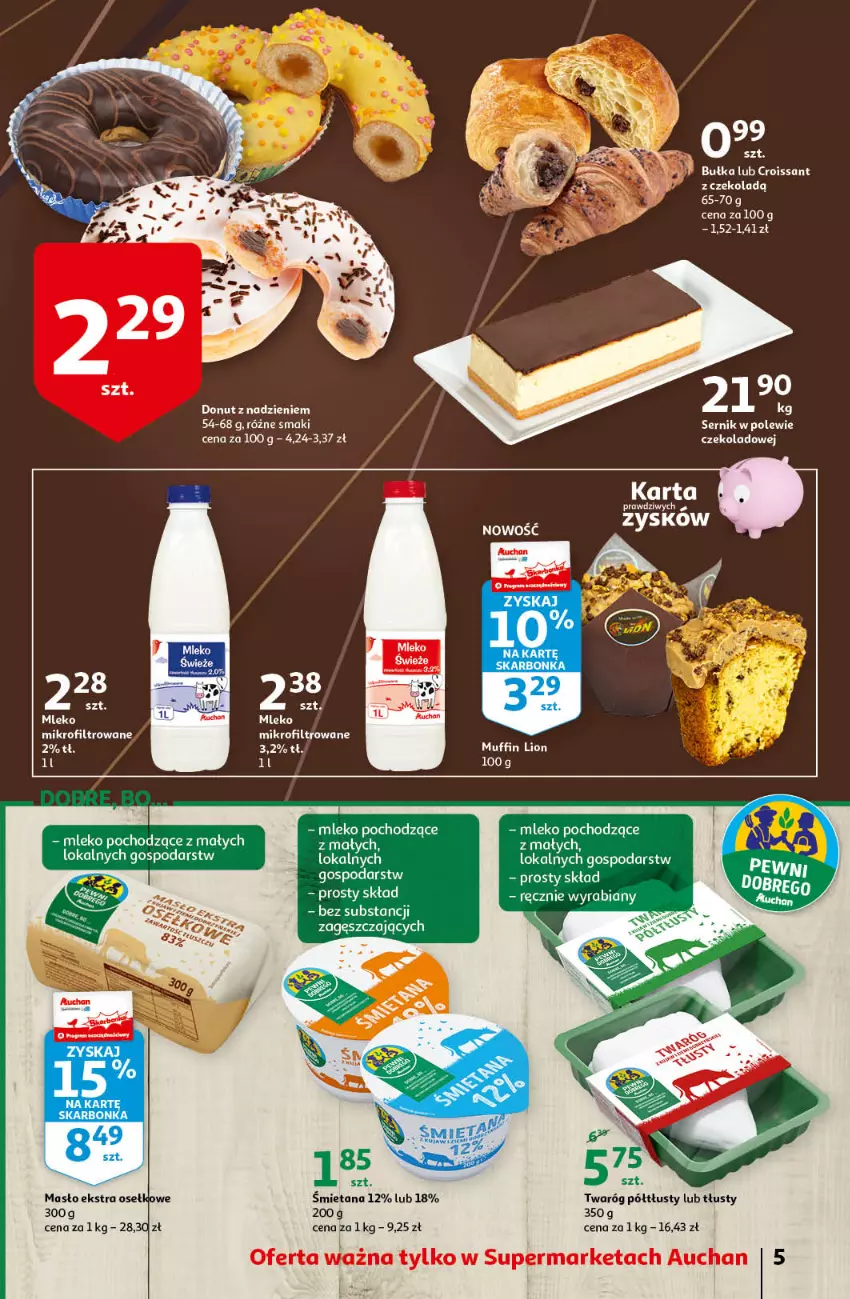 Gazetka promocyjna Auchan - Kawa i czekolada aromatycznie i słodko Supermarkety - ważna 21.10 do 31.10.2021 - strona 5 - produkty: Bułka, Croissant, Fa, Lion, Masło, Mleko, Mleko mikrofiltrowane, Ser, Sofa, Twaróg, Twaróg półtłusty