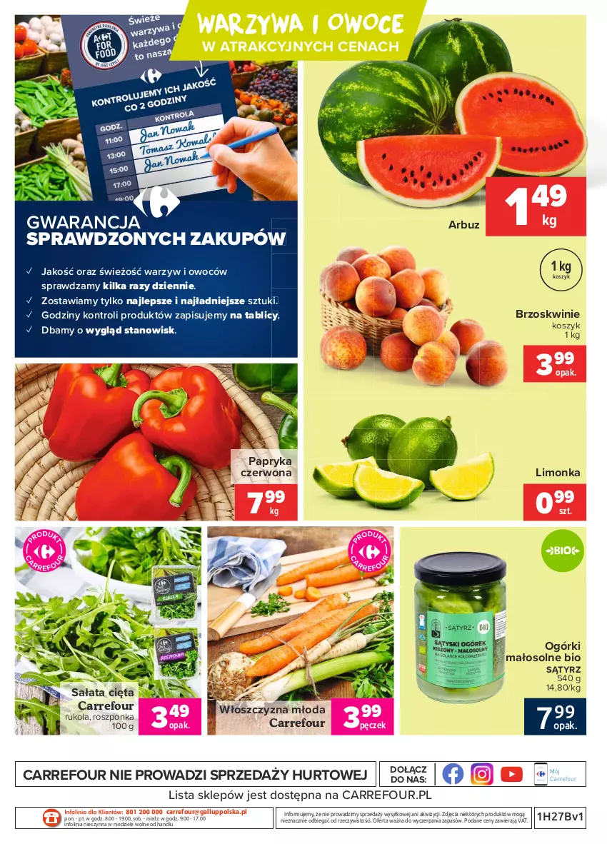 Gazetka promocyjna Carrefour - Gazetka Targi świeżości - ważna 05.07 do 12.07.2021 - strona 4 - produkty: Arbuz, Brzoskwinie, HP, Kosz, Limonka, O nas, Owoce, Papryka, Papryka czerwona, Roszponka, Rukola, Sałat, Warzywa, Warzywa i owoce