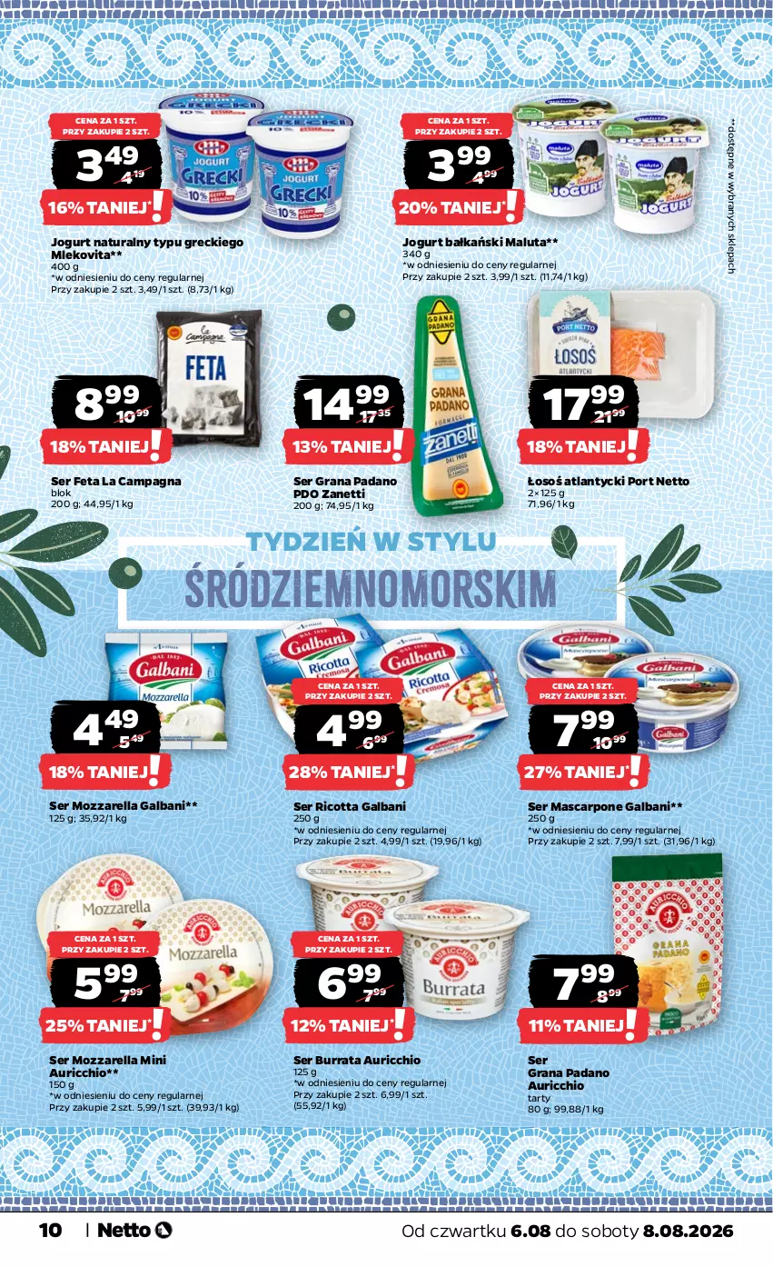 Gazetka promocyjna Netto - Od Czwartku - ważna 06.08 do 08.08.2026 - strona 10 - produkty: Burrata, Feta, Galbani, Gra, Jogurt, Jogurt naturalny, Mascarpone, Mleko, Mlekovita, Mozzarella, Por, Ricotta, Ser