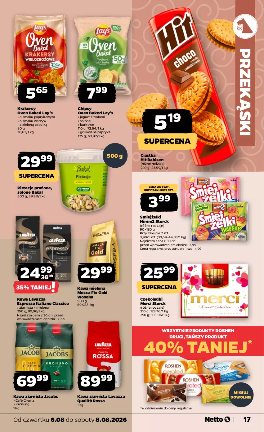 Gazetka promocyjna Netto - Od Czwartku - ważna 06.08 do 08.08.2026 - strona 17 - produkty: Chipsy, Ciastka, Grill, Jacobs, Jogurt, Kawa, Kawa mielona, Kawa ziarnista, Krakersy, Lavazza, Lay’s, Merci, Mocca Fix Gold, Nimm2, Papryka, Pistacje, Woseba