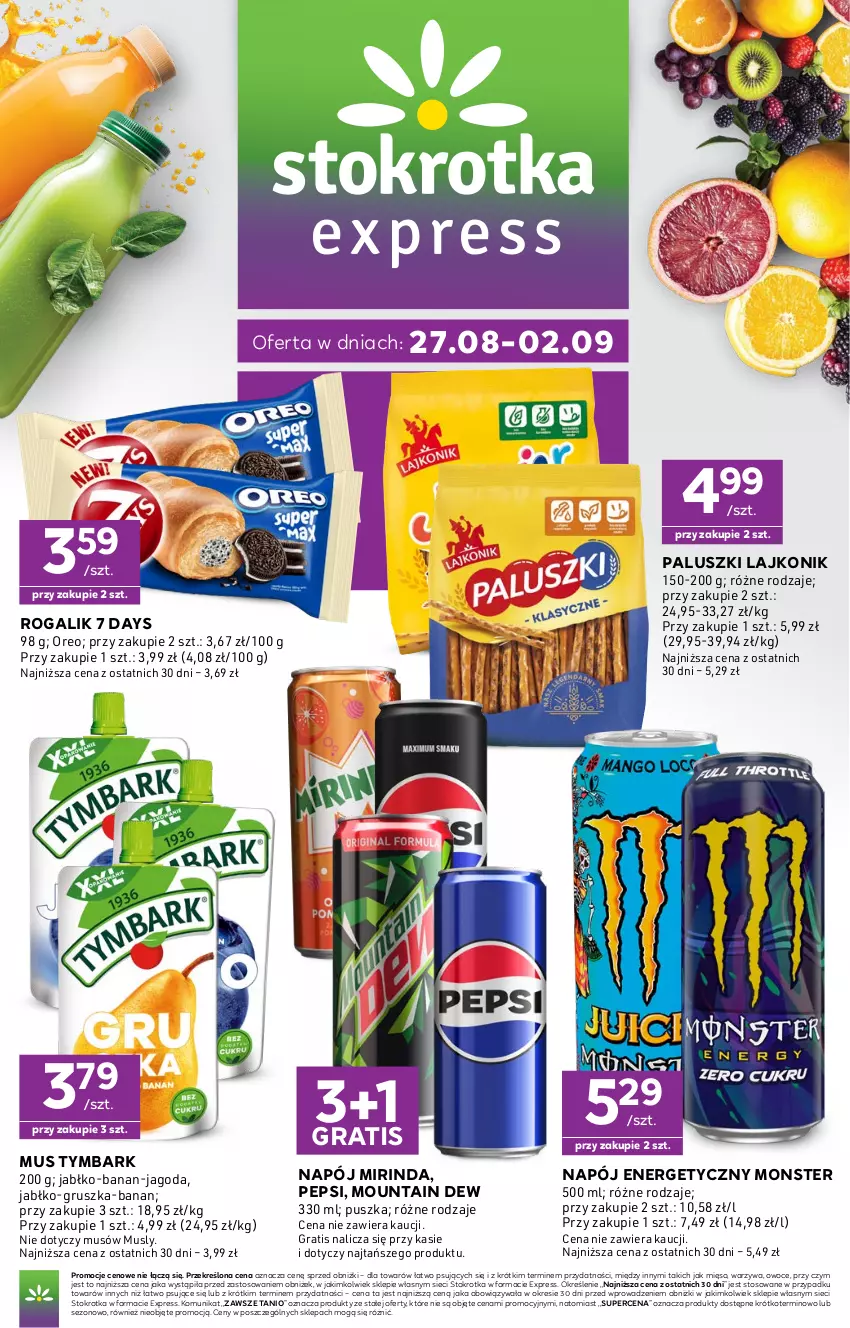 Gazetka promocyjna Stokrotka - Express - ważna 27.08 do 02.09.2026 - strona 1 - produkty: 7 Days, Gra, Lajkonik, Mięso, Mirinda, Mus, Napój, Napój energetyczny, Oreo, Owoce, Pepsi, Rogal, Tymbark, Warzywa