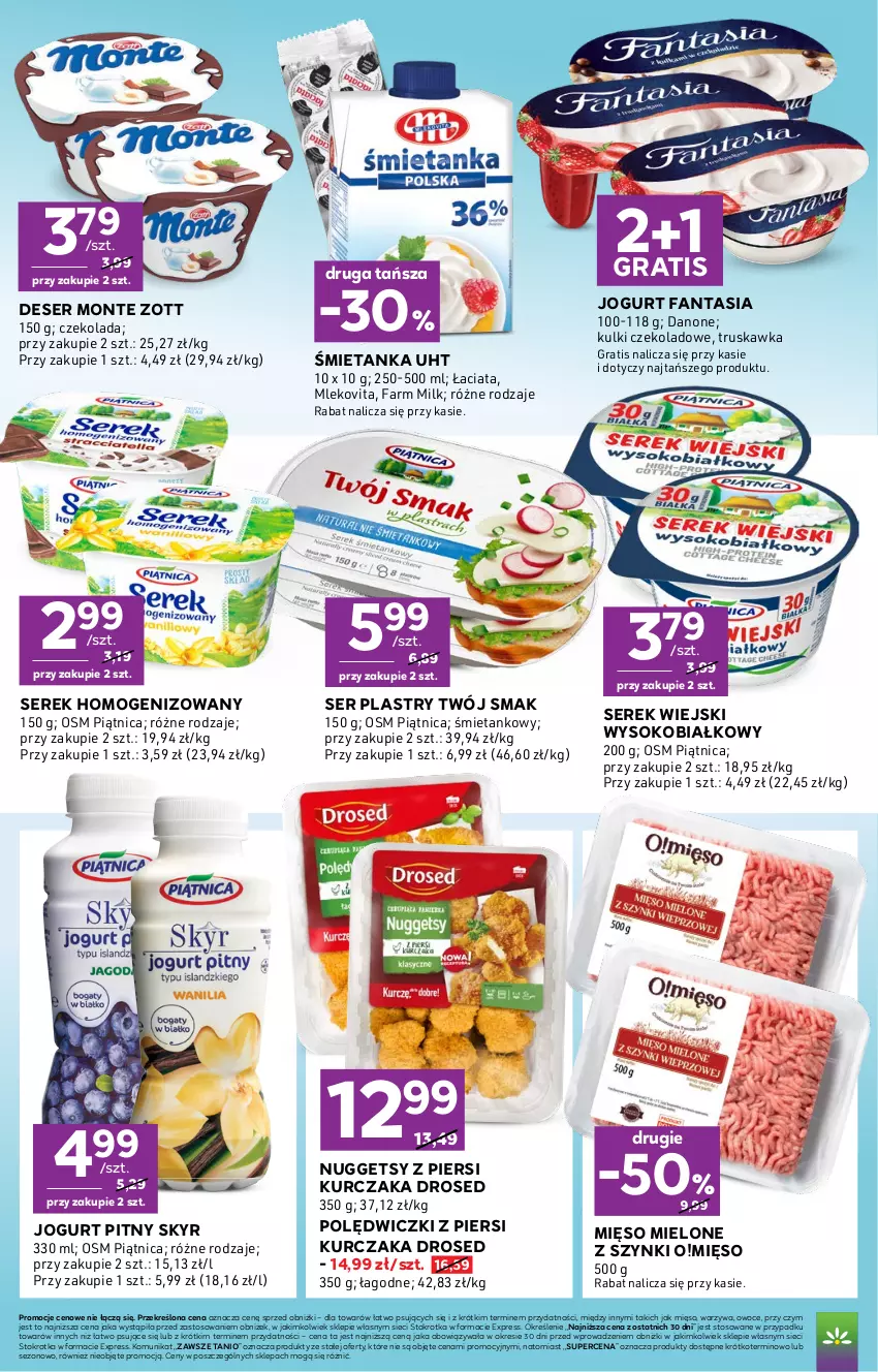 Gazetka promocyjna Stokrotka - Express - ważna 27.08 do 02.09.2026 - strona 4 - produkty: Czekolada, Danone, Deser, Fa, Fanta, Farm Milk, Gra, Jogurt, Jogurt pitny, Kurczak, Mięso, Mięso mielone, Mięso mielone z szynki, Mleko, Mlekovita, Monte, Owoce, Piątnica, Ser, Serek, Serek homogenizowany, Serek wiejski, Sok, Twój Smak, Warzywa, Zott