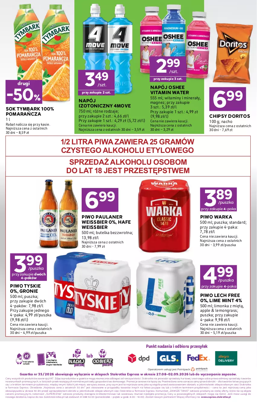 Gazetka promocyjna Stokrotka - Express - ważna 27.08 do 02.09.2026 - strona 6 - produkty: Chipsy, Chrupki, Gra, Ketchup, Limonka, Magnez, Mięso, Napój, Napój izotoniczny, O nas, Oshee, Owoce, Piwa, Piwo, Sok, Telefon, Tymbark, Tyskie, Wagi, Warka, Warzywa