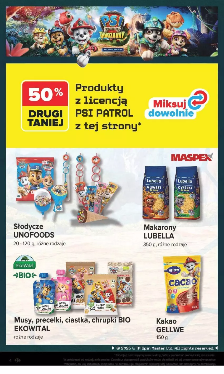 Gazetka promocyjna Carrefour - Gazetka PSI PATROL I DINOZAURY - ważna 30.07 do 22.08.2026 - strona 4 - produkty: Bell, Bella, Chrupki, Ciastka, Lubella, Makaron, Mus, Precelki, Ser