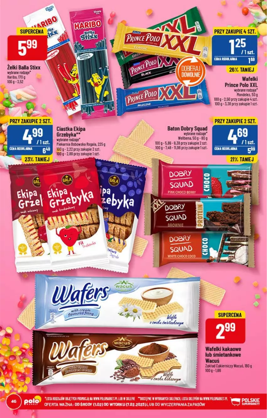 Gazetka promocyjna PoloMarket - Gazetka pomocyjna - ważna 01.02 do 07.02.2023 - strona 46 - produkty: Baton, Brownie, Ciastka, Cukier, Gala, Haribo, Kakao, Prince Polo, Rogal, Squad