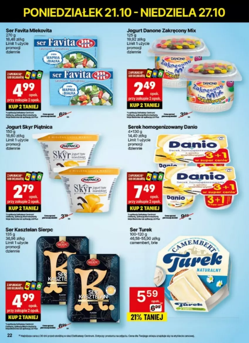 Gazetka promocyjna Delikatesy Centrum - ważna 21.10 do 27.10.2024 - strona 15 - produkty: Brie, Camembert, Danio, Danone, Jogurt, Kasztelan, Piątnica, Rum, Ser, Ser Kasztelan, Serek, Serek homogenizowany