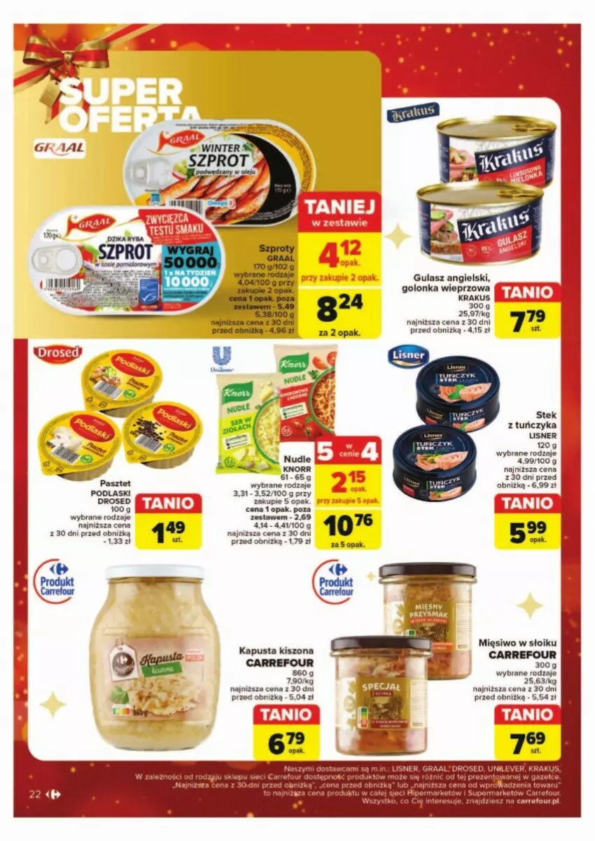 Gazetka promocyjna Carrefour - ważna 02.12 do 07.12.2024 - strona 15 - produkty: Golonka wieprzowa, Gra, Graal, Krakus, Lisner, Pasztet, Podlaski, Stek, Tuńczyk