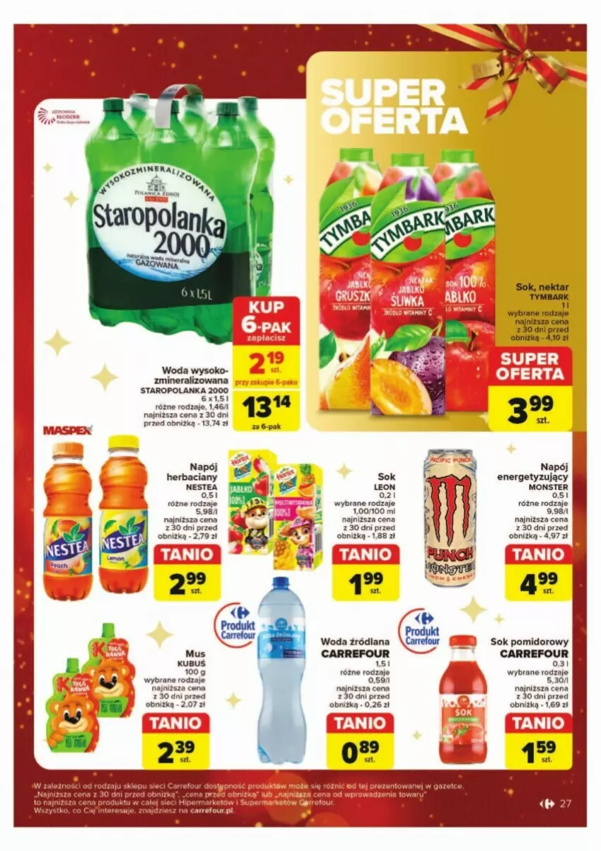 Gazetka promocyjna Carrefour - ważna 02.12 do 07.12.2024 - strona 20 - produkty: Kubuś, LANA, Leon, Mus, Napój, Nestea, Sok, Sok pomidorowy, Staropolanka, Woda