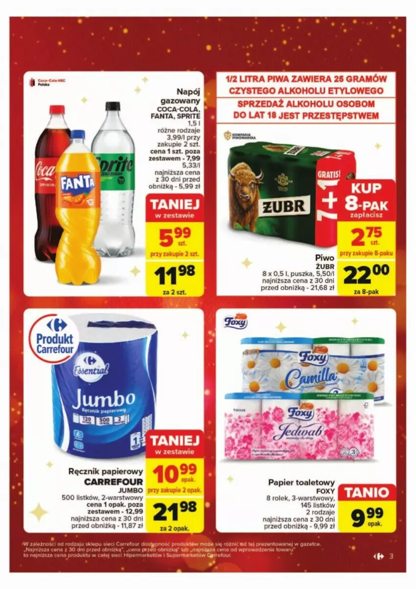 Gazetka promocyjna Carrefour - ważna 02.12 do 07.12.2024 - strona 23 - produkty: Coca-Cola, Fa, Fanta, Foxy, Napój, Napój gazowany, Papier, Papier toaletowy, Piwo, Ręcznik, Sprite