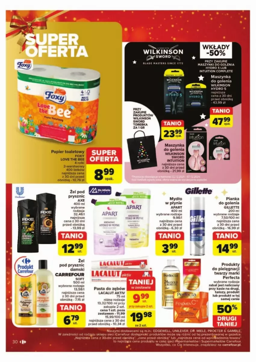 Gazetka promocyjna Carrefour - ważna 02.12 do 07.12.2024 - strona 24 - produkty: Foxy, Gillette, Lacalut, Maszynka, Maszynka do golenia, Mydło, Mydło w płynie, Papier, Papier toaletowy, Pasta do zębów, Perfecta, Pianka do golenia, Rolki, Szynka, Torebka, Wilkinson Sword