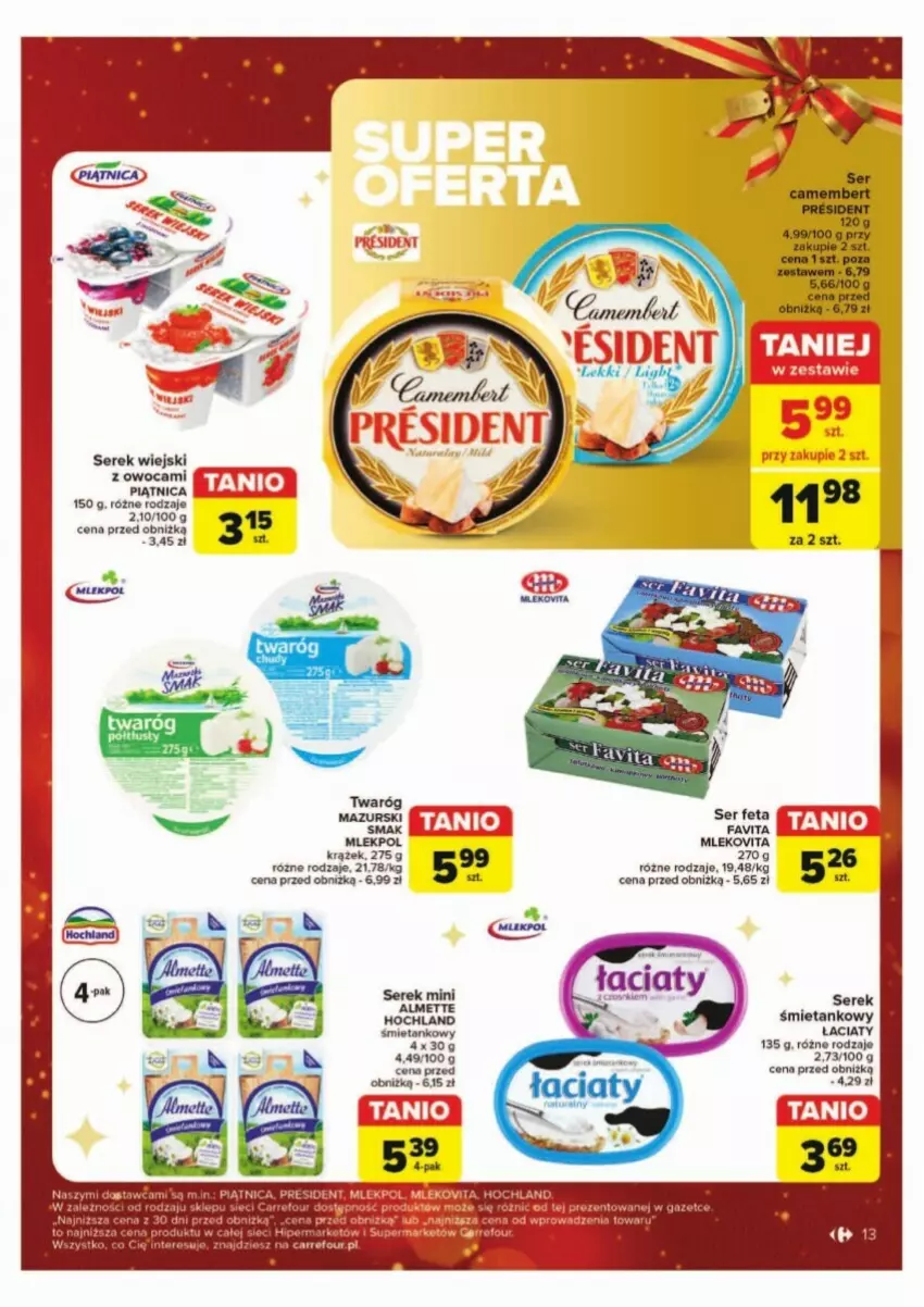 Gazetka promocyjna Carrefour - ważna 02.12 do 07.12.2024 - strona 5 - produkty: Almette, Fa, Favita, Feta, Mleko, Mlekovita, Piątnica, Ser, Serek, Serek wiejski, Twaróg