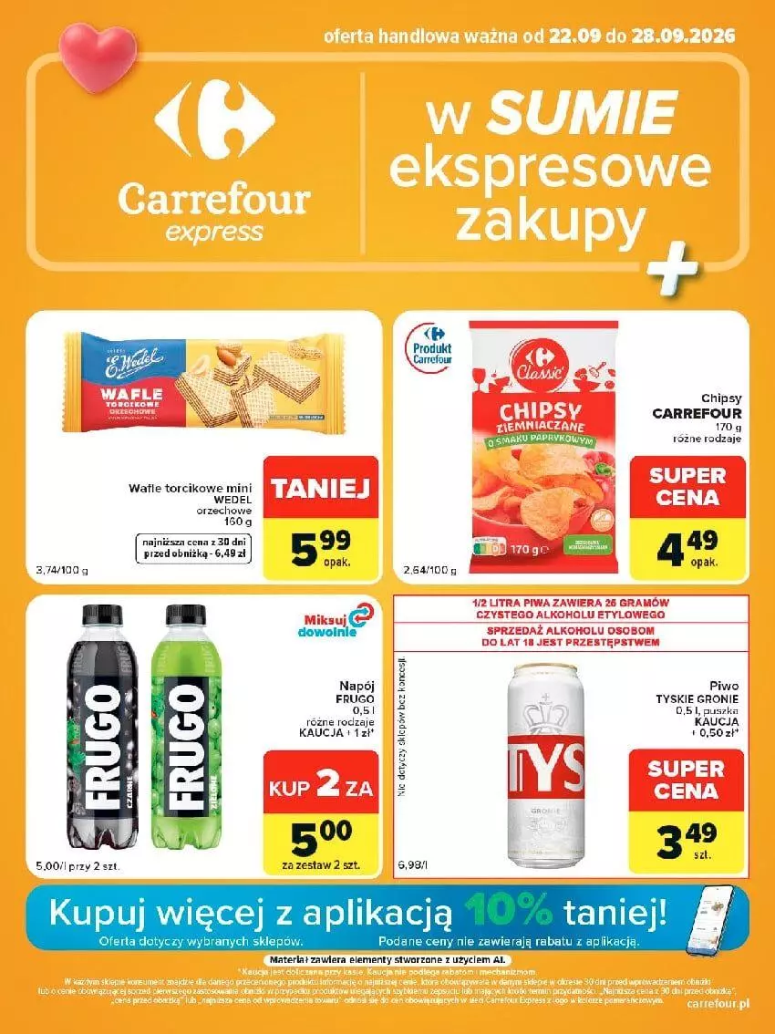 Gazetka promocyjna Carrefour - Gazetka Express w SUMIE ekspresowe zakupy - ważna 22.09 do 28.09.2026 - strona 1 - produkty: Chipsy, Napój, Piwa, Piwo, Tyskie, Wafle