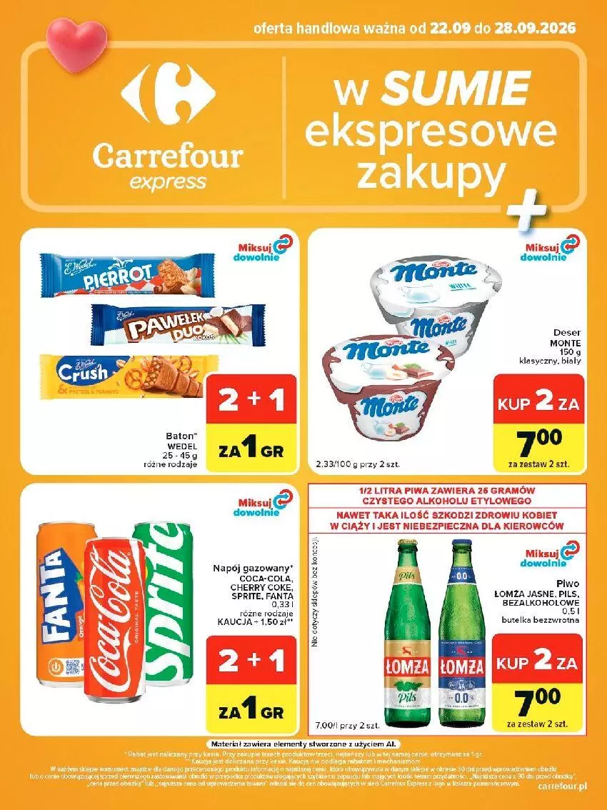 Gazetka promocyjna Carrefour - Gazetka Express w SUMIE ekspresowe zakupy - ważna 22.09 do 28.09.2026 - strona 2 - produkty: Coca-Cola, Deser, Fa, Fanta, HP, Monte, Napój, Napój gazowany, Piwo, Ser, Sprite