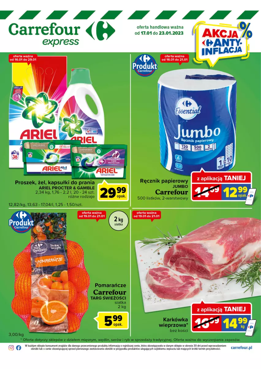 Gazetka promocyjna Carrefour - Gazetka Express - ważna 17.01 do 23.01.2023 - strona 1 - produkty: Ariel, Kapsułki do prania, Papier, Pomarańcze, Ręcznik, Ser, Siatka