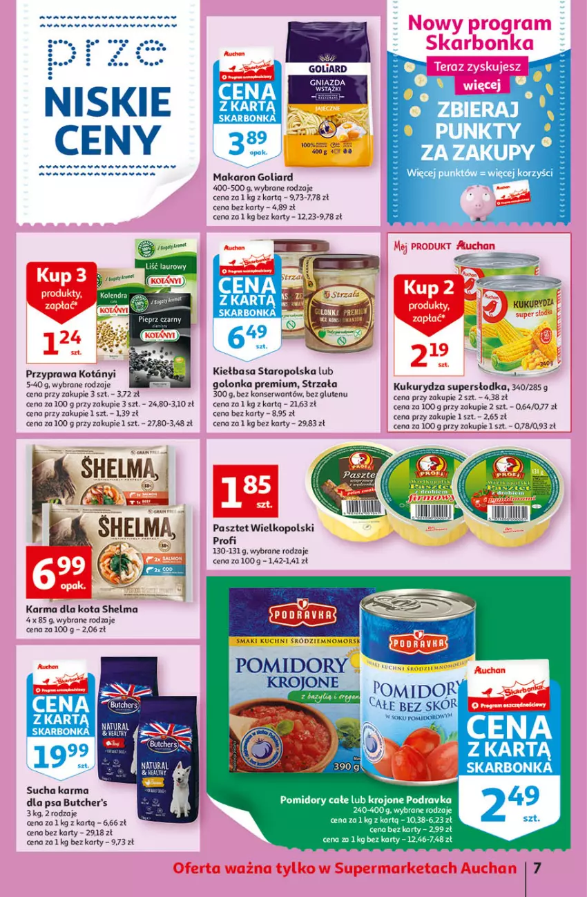 Gazetka promocyjna Auchan - Szkoła oszczędzania smaczne przeOferty Supermarkety - ważna 11.08 do 17.08.2022 - strona 7 - produkty: Butcher's, Fa, Goliard, Kiełbasa, Kukurydza, Makaron, Pasztet, Podravka, Pomidory, Ser