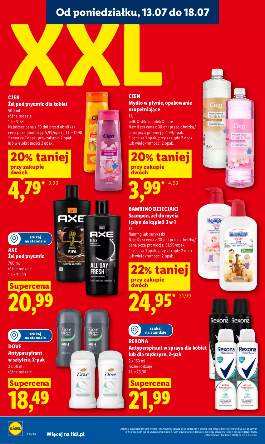 Gazetka promocyjna Lidl - Gazetka ważna od 13.07 do 15.07 - ważna 13.07 do 15.07.2026 - strona 62 - produkty: Antyperspirant, Dove, Dzieci, Mydło, Mydło w płynie, Płyn do kąpieli, Rexona, Szampon
