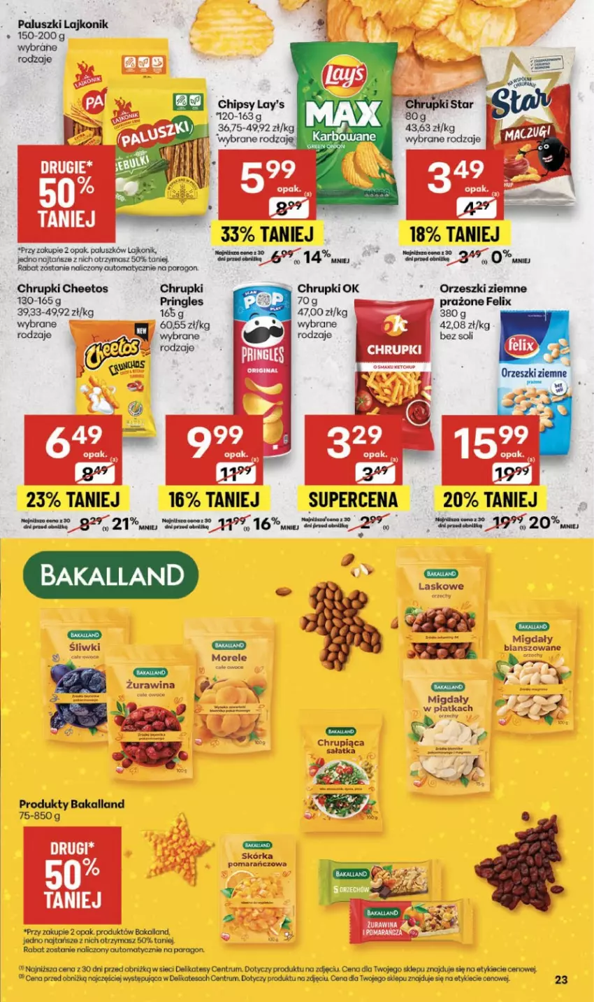 Gazetka promocyjna Delikatesy Centrum - Franczyza DC47 Czwartek - ważna 20.11 do 26.11.2025 - strona 23 - produkty: Bakalland, Cheetos, Chipsy, Chrupki, Felix, Lajkonik, Migdały, Orzeszki, Orzeszki ziemne, Rum, Sałat, Sałatka