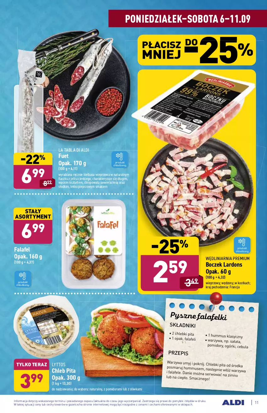 Gazetka promocyjna Aldi - SUPER SMACZNE OKAZJE - ważna 06.09 do 11.09.2021 - strona 11 - produkty: Boczek, Cebula, Chleb, Fa, Hummus, Kiełbasa, Mus, Pieprz, Pomidory, Sałat, Ser, Tera, Warzywa