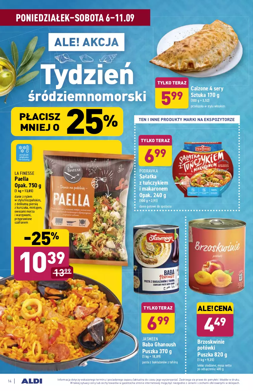 Gazetka promocyjna Aldi - SUPER SMACZNE OKAZJE - ważna 06.09 do 11.09.2021 - strona 14 - produkty: Brzoskwinie, Danie gotowe, Kurczak, Makaron, Mintaj, Pasta z bakłażanów, Podravka, Ryż, Sałat, Sałatka, Ser, Szafran, Tera, Tuńczyk, Warzywa