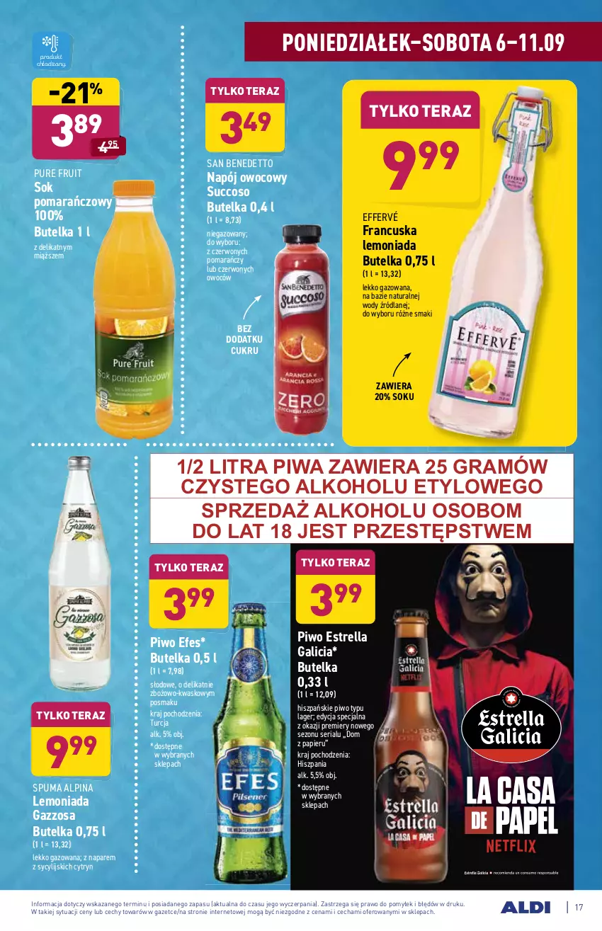 Gazetka promocyjna Aldi - SUPER SMACZNE OKAZJE - ważna 06.09 do 11.09.2021 - strona 17 - produkty: Alpina, Gra, Lemoniada, Napój, Papier, Piwa, Piwo, Puma, Pur, Ser, Sok, Sok pomarańczowy, Tera