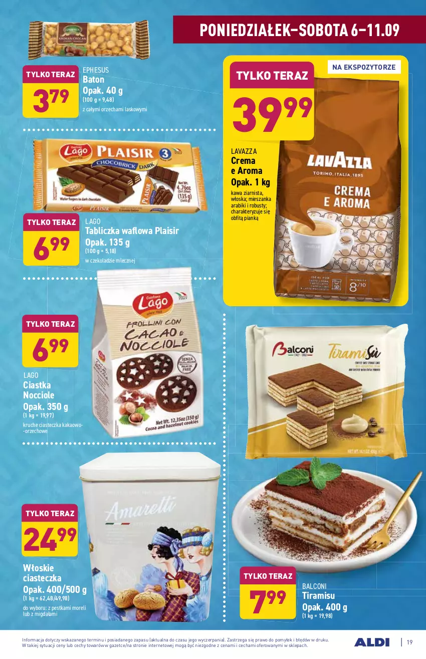 Gazetka promocyjna Aldi - SUPER SMACZNE OKAZJE - ważna 06.09 do 11.09.2021 - strona 19 - produkty: Alcon, Baton, Ciastka, Kakao, Kawa, Kawa ziarnista, Lavazza, Tera