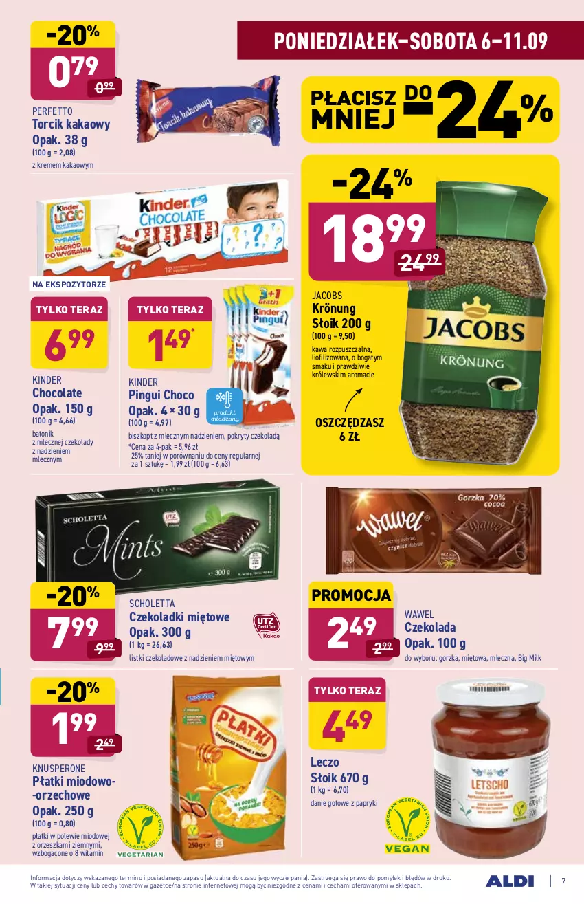 Gazetka promocyjna Aldi - SUPER SMACZNE OKAZJE - ważna 06.09 do 11.09.2021 - strona 7 - produkty: Baton, Big Milk, Czekolada, Danie gotowe, Jacobs, Jacobs Krönung, Kakao, Kawa, Kawa rozpuszczalna, Kinder, Królewski, Por, Tera, Tonik, Wawel