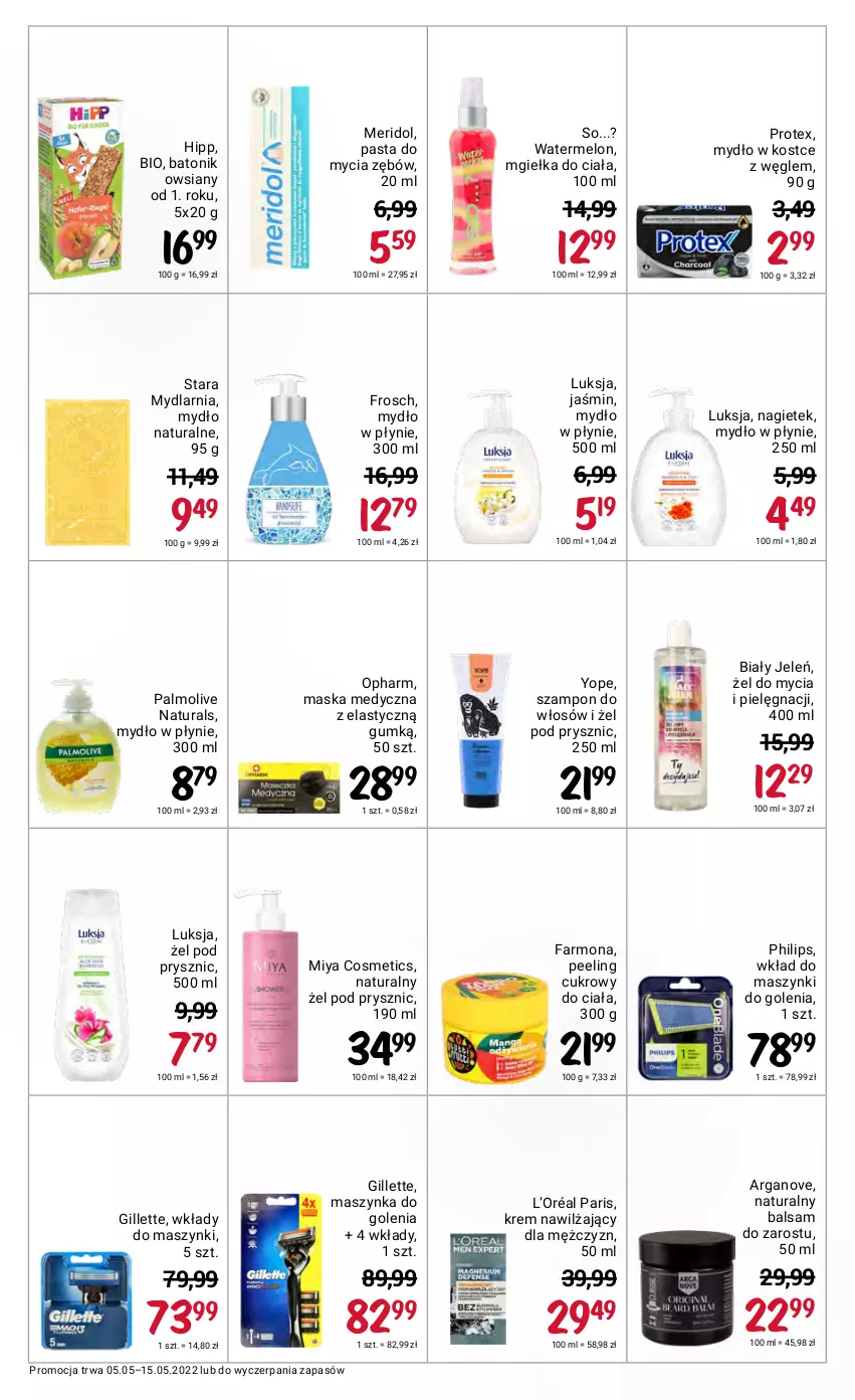 Gazetka promocyjna Rossmann - ważna 05.05 do 15.05.2022 - strona 37 - produkty: Baton, Biały Jeleń, Fa, Frosch, Gillette, HiPP, Krem nawilżający, L’Oréal, Luksja, Maska, Maska medyczna, Maszynka, Maszynka do golenia, Melon, Miya Cosmetics, Mydło, Mydło w płynie, Palmolive, Peeling, Philips, Szampon, Szynka, Tonik, Yope