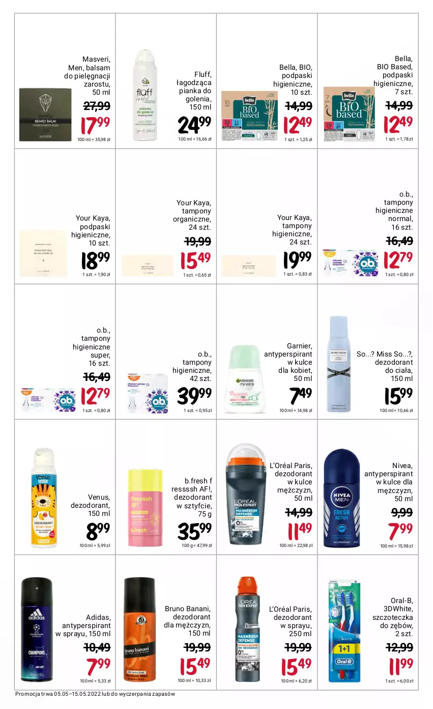 Gazetka promocyjna Rossmann - ważna 05.05 do 15.05.2022 - strona 38 - produkty: Adidas, Antyperspirant, Bell, Bella, Bruno Banani, Dezodorant, Garnier, L’Oréal, Nivea, O.B., Pianka do golenia, Podpaski, Szczoteczka, Szczoteczka do zębów, Tampony, Venus