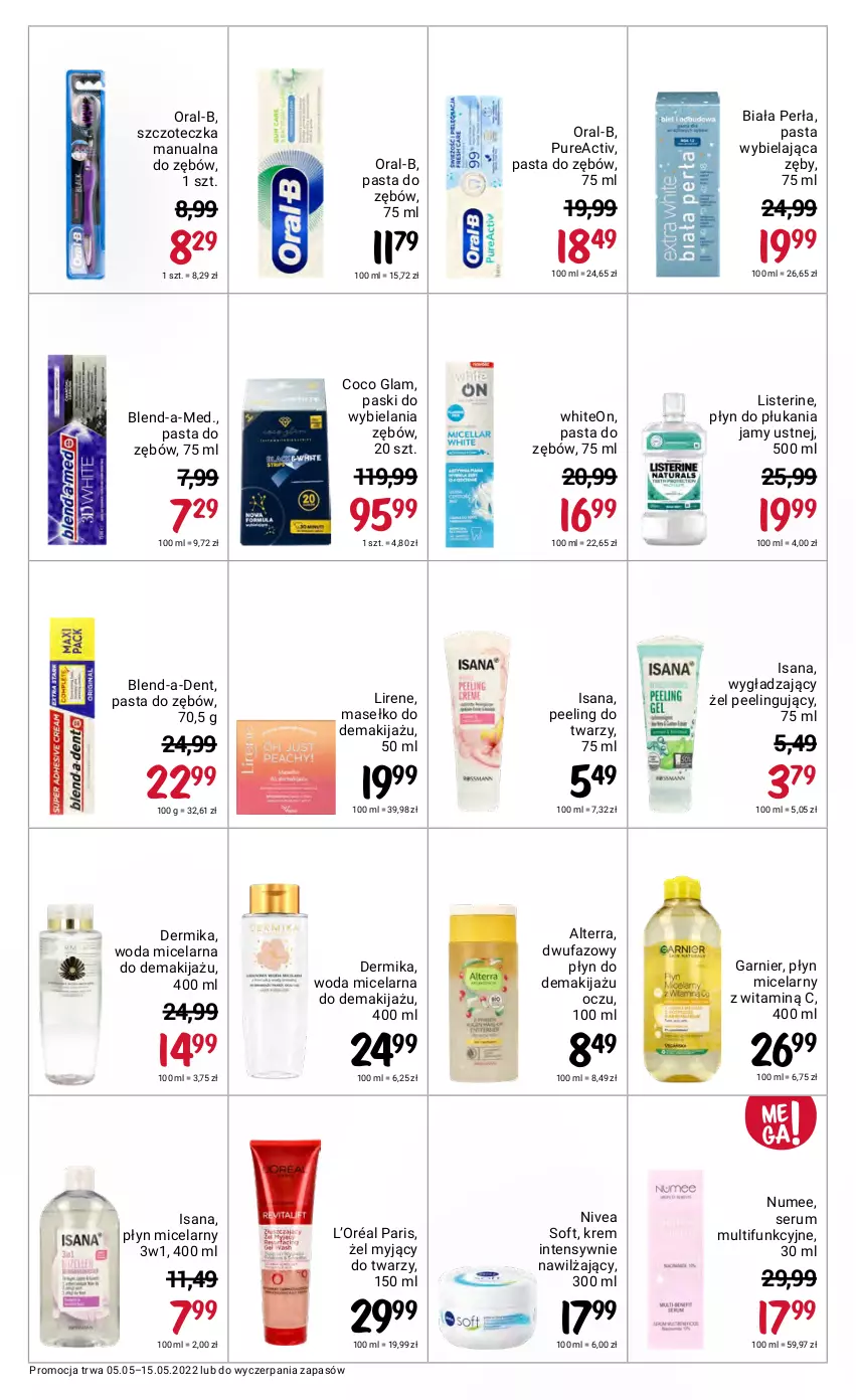 Gazetka promocyjna Rossmann - ważna 05.05 do 15.05.2022 - strona 39 - produkty: Alterra, Blend-a-Med, Dermika, Fa, Garnier, Isana, L’Oréal, Lirene, Listerine, Makijaż, Nivea, Pasta do zębów, Peeling, Perła, Płyn do płukania, Płyn do płukania jamy ustnej, Płyn micelarny, Pur, Rum, Ser, Serum, Szczoteczka, Woda, Woda micelarna