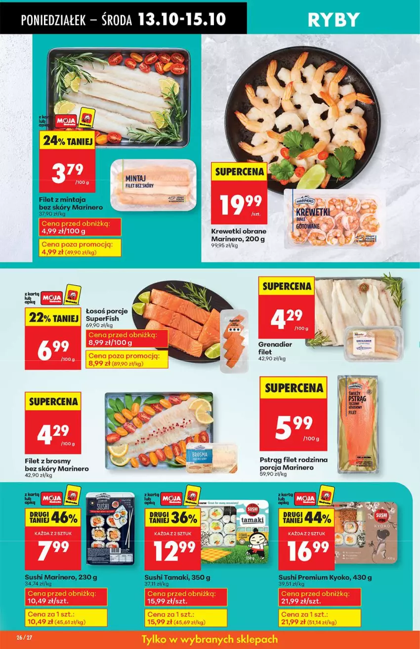 Gazetka promocyjna Biedronka - Od poniedziałku 13.10 - ważna 13.10 do 18.10.2025 - strona 26 - produkty: Filet z mintaja, Grenadier, Krewetki, Mintaj, Por, Pstrąg, Sushi
