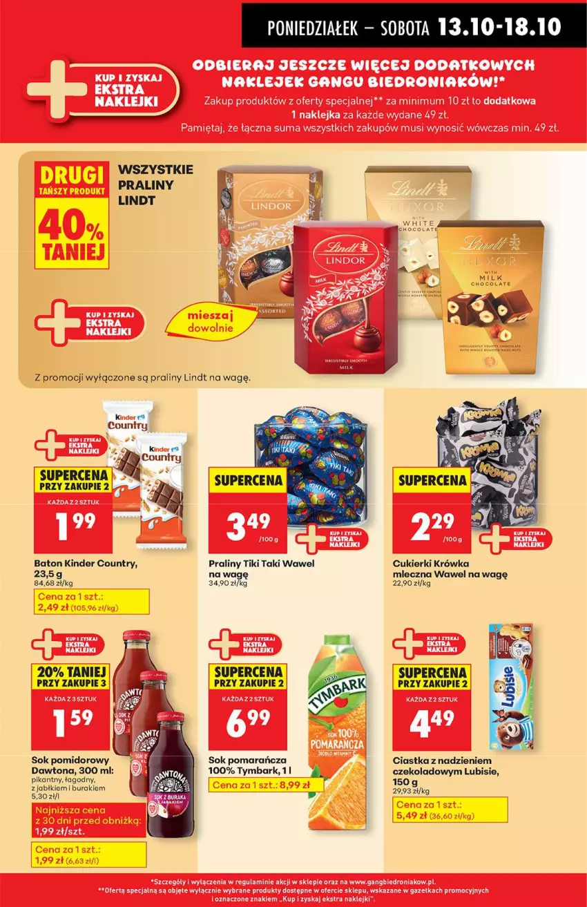 Gazetka promocyjna Biedronka - Od poniedziałku 13.10 - ważna 13.10 do 18.10.2025 - strona 35 - produkty: Baton, Buraki, Ciastka, Cukier, Cukierki, Dawtona, Kinder, Lindt, Lubisie, Praliny, Sok, Sok pomidorowy, Tymbark, Wawel