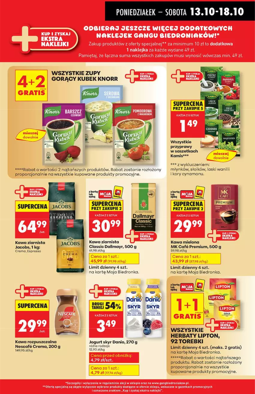 Gazetka promocyjna Biedronka - Od poniedziałku 13.10 - ważna 13.10 do 18.10.2025 - strona 37 - produkty: Dallmayr, Danio, Gra, Jacobs, Jogurt, Kamis, Kawa, Kawa mielona, Kawa rozpuszczalna, Kawa ziarnista, Knorr, Kubek, Lipton, Por, Przyprawy, Rama