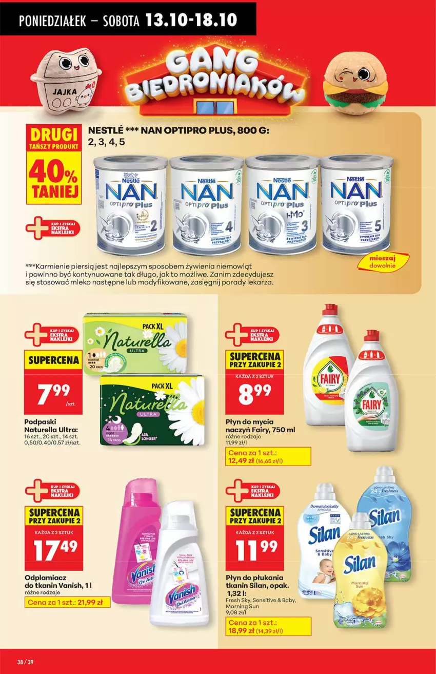 Gazetka promocyjna Biedronka - Od poniedziałku 13.10 - ważna 13.10 do 18.10.2025 - strona 38 - produkty: Fa, Fairy, Karmi, Mleko, NAN Optipro, Naturell, Naturella, O nas, Odplamiacz, Płyn do mycia, Płyn do płukania, Podpaski, Por, Silan, Vanish
