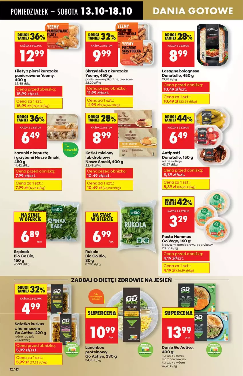Gazetka promocyjna Biedronka - Od poniedziałku 13.10 - ważna 13.10 do 18.10.2025 - strona 42 - produkty: Hummus, Kapustą, Kotlet, Kurczak, Kuskus, Lasagne, Lasagne bolognese, Mus, Piec, Pur, Rukola, Ryż, Sałat, Sałatka, Skrzydełka z kurczaka, Szpinak, Zdrowie