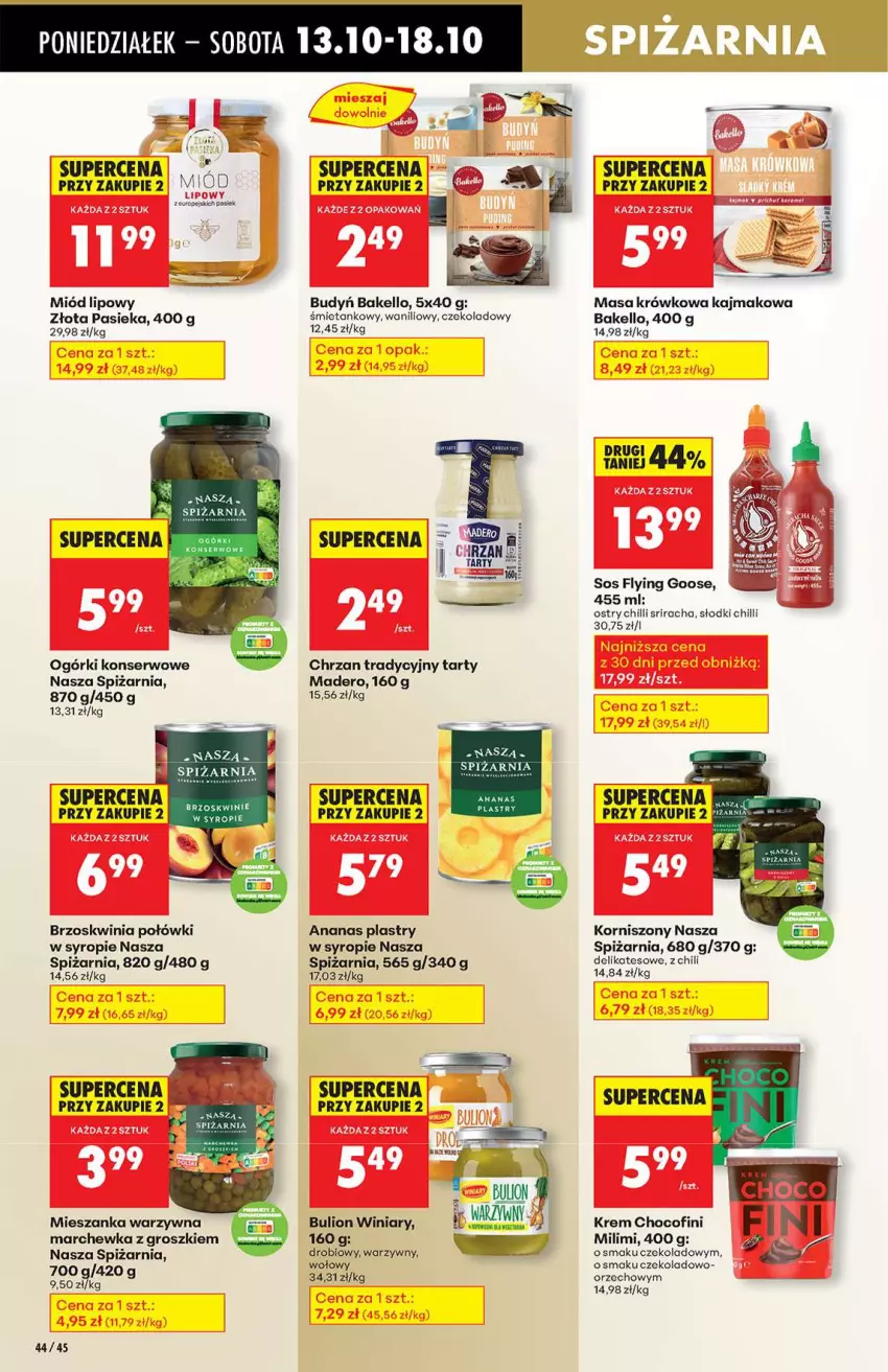 Gazetka promocyjna Biedronka - Od poniedziałku 13.10 - ważna 13.10 do 18.10.2025 - strona 44 - produkty: Ananas, Brzoskwinie, Budyń, Bulion, Chrzan, Korniszony, Lion, Marchewka, Masa krówkowa, Mieszanka warzyw, Miód, Ogórki konserwowe, Ser, Sos, Syrop, Winiary