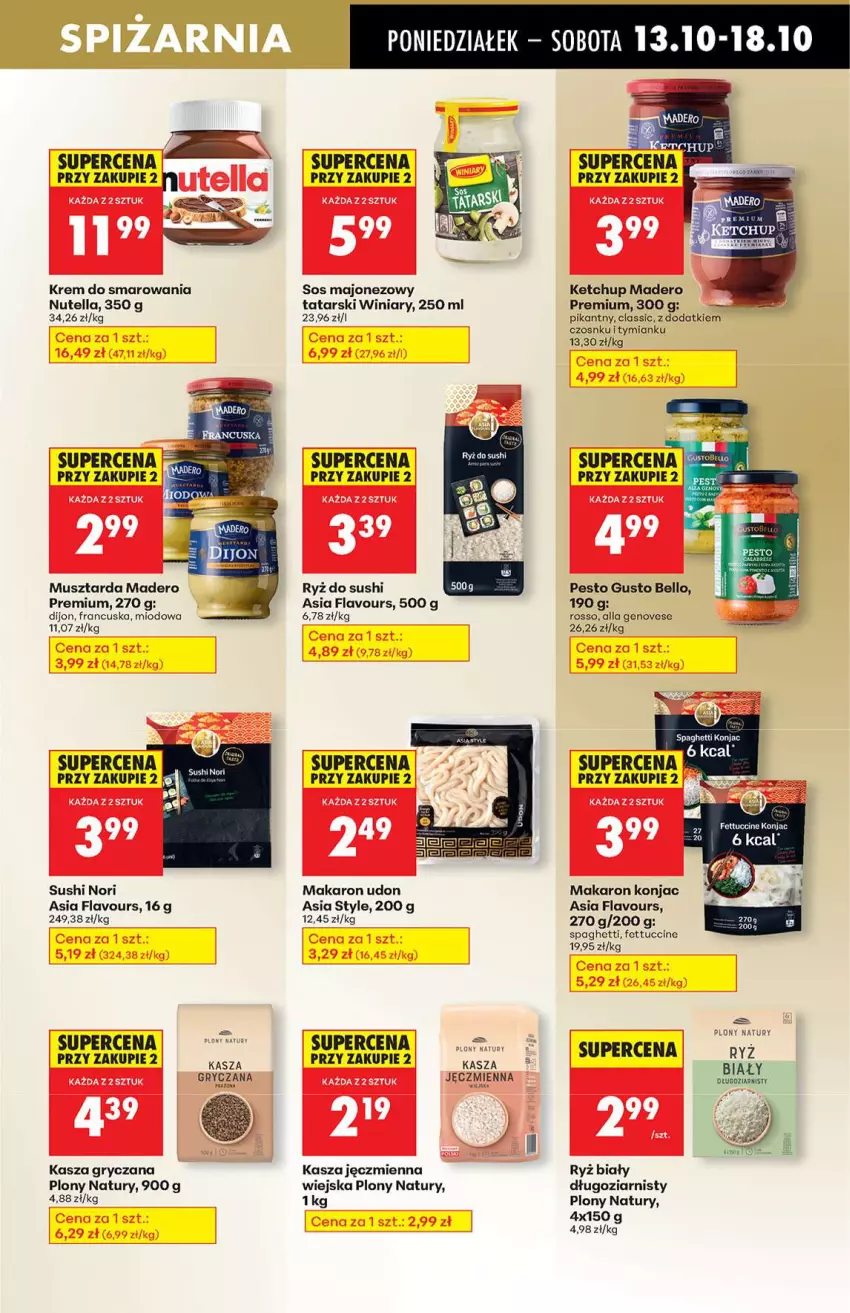 Gazetka promocyjna Biedronka - Od poniedziałku 13.10 - ważna 13.10 do 18.10.2025 - strona 45 - produkty: Bell, Gry, Kasza, Kasza gryczana, Kasza jęczmienna, Ketchup, Majonez, Makaron, Mus, Musztarda, Nutella, Pesto, Ryż, Ryż biały, Ryż do sushi, Sos, Spaghetti, Sushi, Winiary