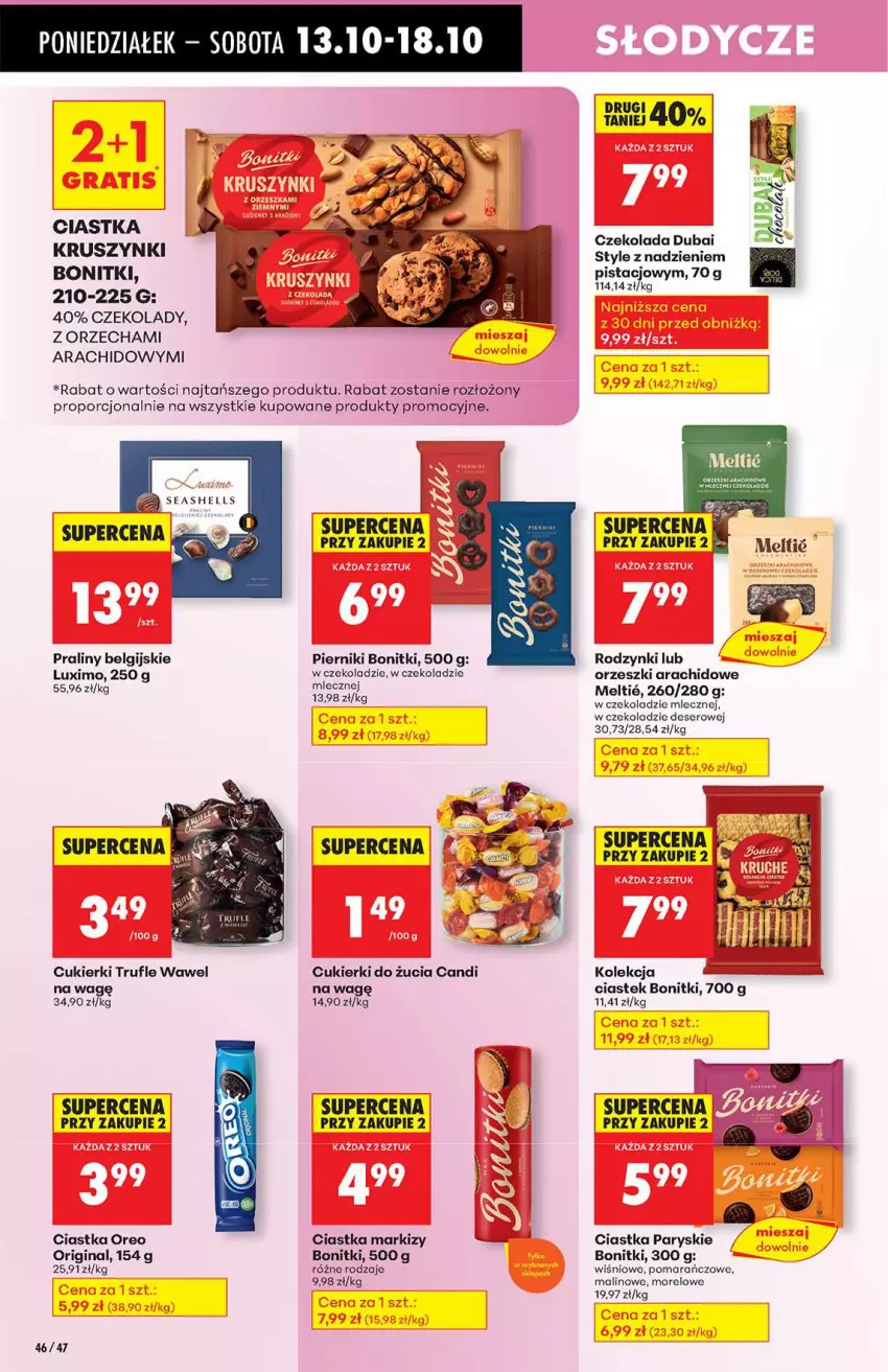 Gazetka promocyjna Biedronka - Od poniedziałku 13.10 - ważna 13.10 do 18.10.2025 - strona 46 - produkty: Bonitki, Ciastka, Cukier, Cukierki, Czekolada, Deser, Fa, Gin, LG, Miecz, Oreo, Orzeszki, Piernik, Por, Praliny, Rodzynki, Ser, Stek, Wawel