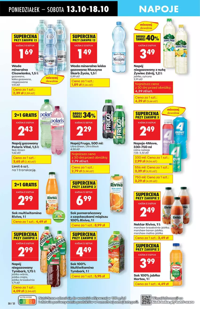 Gazetka promocyjna Biedronka - Od poniedziałku 13.10 - ważna 13.10 do 18.10.2025 - strona 50 - produkty: Cisowianka, Gra, Hortex, Lack, Mięta, Mus, Napój, Napój gazowany, Napój niegazowany, Napoje, Nektar, Sok, Sok pomarańczowy, Szyna, Tran, Tymbark, Woda, Woda mineralna
